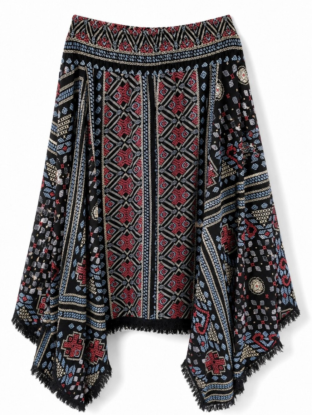 Hazel Women's Black Geometric Boho Print Handkerchief Hem Midi Skirt Sz M Hippie